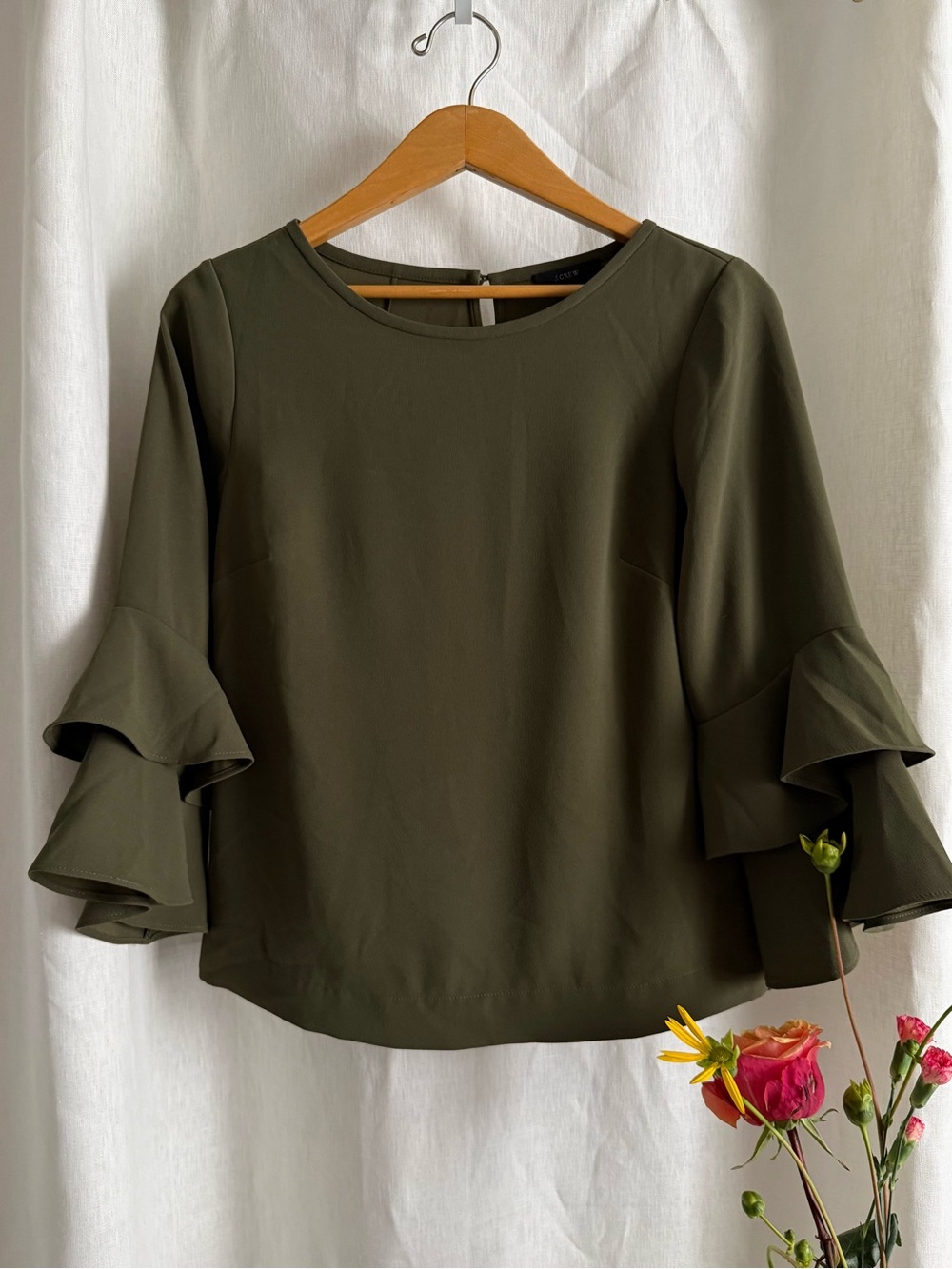 NWT J Crew Olive Green Blouse 6 Tiered Ruffle Bell Sleeve Top Statement Shirt